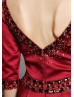 Beaded Burgundy Satin V Back Fabulous Evening Dress